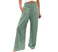 Pantalon Fluide Femme été Grande Taille Pantalon Lin Pas Cher Chic et Elegant Pantalon évasé à Jambes Larges Taille Elastique Pantalon Palazzo Pantalon de Plage Décontracté Pantalon de Yoga