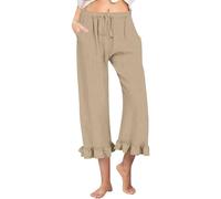 Pantalon Fluide Femme éTé Lin Ample Large ete Pantalon décontracté en Lin de Couleur Unie avec Ceinture élastique et Volants Sept-Quarts Vetement Femme lon Fluide éTé Leger (Khaki, XL)