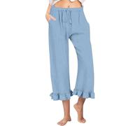 Pantalon Fluide Femme éTé Lin Ample Large ete Pantalon décontracté en Lin de Couleur Unie avec Ceinture élastique et Volants Sept-Quarts Vetement Femme lon Fluide éTé Leger (Light Blue, S)