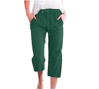 Pantalon Fluide Femme Été Pantalons Lin Coton Taille Haute Elastique Pantalon Coton Femme Respirant et Confortable Pants 3/4 Longueur Sport Pantacourt de Plage Pants Couleur Unie Vêtements