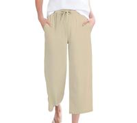 Pantalon Fluide Femme été Taille élastique en Coton Et Lin Tres Leger 3/4 Pantacourt Femme Grande Taille Séchage Rapide Ample Et Droite Legging De Travail avec Poche Cycliste Yoga Sportswear