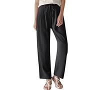 Pantalon Fluide Femme Lin Leger ete Baggy Femmes décontracté Couleur Unie Pantalon lâche Taille élastique élégant âche Vetement Femme Leger lon éGer (Black, S)