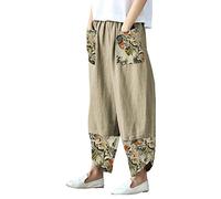 Pantalon Fluide Femme,Sarouel Hippie Femme Baggy Boho Patchwork Motif Ethnique Jambe Large Stretch Smocké Taille Haute Pantalon De Salon Été Taille Plus Pantalon De Yoga Court En Lin Mince,Kaki,X