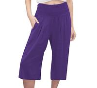 Pantalon Fluide Femme Taille Elastique Été Coton Lin 7/8 Blanc Jupe Culotte Décontractée Pantacourt Solide Couleur Léger Sport Longueur Pants avec Poches D'été en Bermuda Ensemble