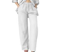 Pantalon Fluide,Womens Daily Elastic Waist Pockets Straight Solid Color Casual Pants Loose Long Trousers Short Boxe Fille (White, XL)