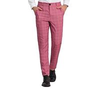 Pantalon habillé à carreaux pour homme - Pantalon chino confortable extensible à l'avant plat avec poches, rose, XXL