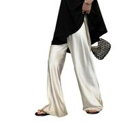 Pantalon habillé en satin à jambes larges pour femme - Pantalon décontracté - Pantalon long et fluide - Taille haute élastique, beige, Taille L