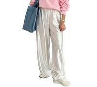 Pantalon habillé en Satin à Jambes Larges pour Femme - Pantalon décontracté - Pantalon Long et Fluide - Taille Haute élastique, Blanc, Taille L