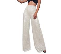 Pantalon Hip Hop Brillant pour Femme, Métallisé Brillant Pantalon Taille Haute Élastique, Style Rétro Disco Hippie Clubwear Streetwear, Style Décontracté, Coupe Ajustée