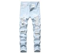 Pantalon Homme Denim Droit Bleu Vintage Décontracté Pantalons Homme Jeans Serré Déchiré Troué Ajustée Mode Punk Automne Hiver Slim Fit Ripped Hole Men Pants Bouton Fermeture Portefeuille En (Blue, 36)