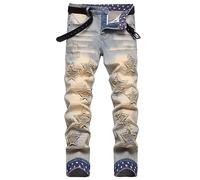 Pantalon Homme Denim Droit Décontracté Vintage Pantalons Homme Jeans Serré Ajustée Troué Déchiré Mode Punk Automne Hiver Slim Fit Hole Ripped Men Pants Bouton Fermeture Portefeuille Cuir (Bronze, XL)