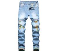 Pantalon Homme Denim Droit Gris Punk Mode Automne Hiver Pantalons Homme Jeans Troué Déchiré Serré Ajustée Décontracté Vintage Slim Fit Ripped Hole Men Pants Bouton Fermeture éclair Pyjama 1 (Blue, M)