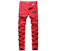 Pantalon Homme Denim Droit Punk Mode Automne Hiver Pantalons Homme Jeans Rouge Déchiré Troué Serré Ajustée Vintage Décontracté Slim Fit Ripped Hole Men Pants Bouton Fermeture Portefeuille (Red, L)