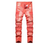 Pantalon Homme Denim Droit Punk Mode Automne Hiver Pantalons Homme Jeans Troué Déchiré Serré Ajustée Décontracté Vintage Gris Slim Fit Ripped Hole Men Pants Bouton Coffret Ceinture Cuir (Red, 36)