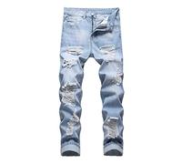 Pantalon Homme Denim Droit Punk Mode Automne Hiver Pantalons Homme Jeans Troué Déchiré Serré Ajustée Vintage Décontracté Slim Ripped Hole Men Pants Bouton Fermeture éclair Coffret (Light Blue, 32)