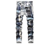 Pantalon Homme Denim Droite Blanc Noir Mode Décontracté Pantalons Homme Imprimé Hip Hop Punk Jeans Patchwork Bleu Gris Bouton Ajustée Automne Hiver Slim Fit Men Pants Cadeau Cadeau (White, XXL)