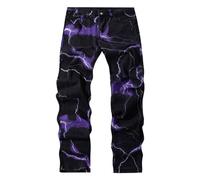 Pantalon Homme Denim Droite Imprimé Mode Décontracté Pantalons Homme Noir Blanc Punk Hip Hop Jeans Gris Bleu Bouton Ajustée Automne Hiver Slim Fit Men Pants Portefeuille Jogging Grande (Purple, L)