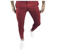 Pantalon Homme Droit Carreau Décontracté Travail Pantalon Plaid Bouton Pression Taille Haute Rétro Mode Pantalons Homme Coton Hiver Ajustée avec Poche Inclinée Noir Gris Men Survêtement (Red, XXL)