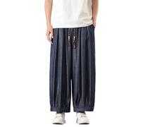 Pantalon Homme Été à Taille Élastique Uni Décontracté Style Wide Leg Harem en Tissu Tissé avec Poches(Navy, L)