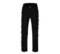 Pantalon Homme Jeans Bleu Gris Trou Droit Mode Décontracté Pantalons Jeans Homme Noir Blanc Troué Déchiré Hip Hop Punk Ample Grande Taille Automne Hiver Ripped Loose Fit Portefeuille Cuir Noir (XXL)
