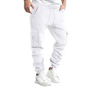 Pantalon Homme Jogging en Coton Chaud Automne Hiver Décontracté Travail Pantalon Homme Cargo Chino Ample Sport Mode Vêtement Polaire pour avec Poches et Portefeuille Cuir Personnalisable (White, S)