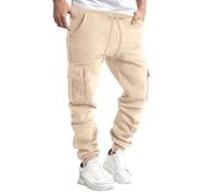 Pantalon Homme Jogging en Coton Chaud Automne Hiver Décontracté Travail Pantalon Homme Cargo Chino Ample Sport Mode Vêtement Polaire pour avec Poches et Portefeuille Cuir Personnalisable (Beige, S)