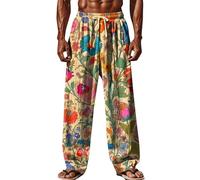 Pantalon Homme Lin et Coton Ete Decontracte Pantalons de Plage Confortable Respirant Pantalon de Sport Léger Taille Elastique Ample Pantalons de Jogging Classique Imprimé Pants avec Poches
