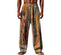 Pantalon Homme Lin et Coton Ete Decontracte Pantalons de Plage Confortable Respirant Pantalon de Sport Léger Taille Elastique Ample Pantalons de Jogging Classique Imprimé Pants avec Poches