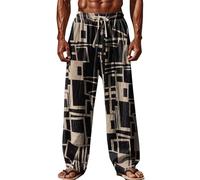 Pantalon Homme Lin et Coton Ete Decontracte Pantalons de Plage Confortable Respirant Pantalon de Sport Léger Taille Elastique Ample Pantalons de Jogging Classique Imprimé Pants avec Poches