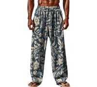 Pantalon Homme Lin et Coton Ete Decontracte Pantalons de Plage Confortable Respirant Pantalon de Sport Léger Taille Elastique Ample Pantalons de Jogging Classique Imprimé Pants avec Poches