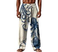 Pantalon Homme Lin et Coton Ete Decontracte Pantalons de Plage Confortable Respirant Pantalon de Sport Léger Taille Elastique Ample Pantalons de Jogging Classique Imprimé Pants avec Poches