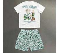 Pantalon imprimé léopard vert menthe champion de course américaine rétro, t-shirt à manches courtes ample, tenue à la mode pour les rendez-vous et les rassemblements, cadeau idéal pour le petit ami L,
