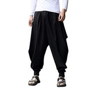Pantalon japonais à entrejambe tombant pour homme - Pantalon sarouel hippie - Pantalon baggy Aladdin - Pantalon ninja à jambes larges - Pantalon de yoga léger - Pantalon d'été avec cordon de serrage
