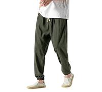Pantalon japonais en coton et lin pour homme - Léger - Décontracté - Pantalon de loisirs - Pantalon de yoga - Pantalon de loisirs avec cordon de serrage, AG, XL