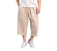 Pantalon Japonais Homme Grande Taille -Pantacourt Harem Chinoises 2025 Nouveau Pantalon De Plage 7/8 Coupe Coton Et Lin Taille Elastique Cordon De Serrage Pants Décontracté Confortable Tenue