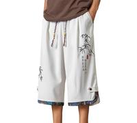 Pantalon Japonais Homme Style Chinois 3/4 Pant Traditionnels Japonais avec Double Boutonnage et Cordon Vêtements Ample Et Décontracté Pantalon Jambes Larges (Beige-1, L)