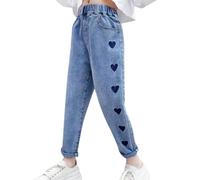 Pantalon Jean Enfant Fille 2-12 Ans Love Chic Pas Cher Ample Pantalons en Denim Enfant Fille Taille élastique Printemps Hiver Confortable Chic Pas Cher Casual Sport Jogging (Dark Blue, 8-9 Years)