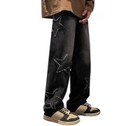 Pantalon Jean Femme Grande Taille, Pantalon Droit Femme Patch en Point d'étoile Ample Straight Polyvalents Taille Haute Jeans à Jambes Larges de Haute Qualité de Mode Streetwear Long Denim Pantalons