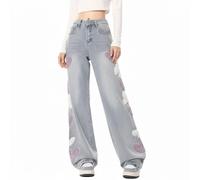 Pantalon Jean Femme - Jean Femme à Taille Haute avec Coupe Droite Fluide et Style Tendance cœur détaillé
