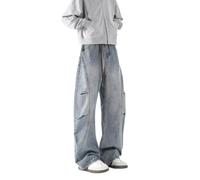 Pantalon Jean Homme Confortable Coupe Large Hip-Hop Streetwear Style Décontracté avec Coutures Irrégulières Pantalon homme training sport confortable taille élastique jogging quotidien (Light Blue, S)