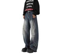 Pantalon Jean Homme Confortable Coupe Large Hip-Hop Streetwear Style Décontracté avec Coutures Irrégulières Pantalon Homme Training Sport Confortable Taille élastique Jogging Quotidien (Dark Blue, L)