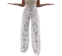 Pantalon jeans femme jambe large - Pantalon en denim avec dentelle, patchwork baggy, style Y2K, taille haute, palazzo, jean sexy, jean élégant stretch, grandes tailles, jean tube esthétique