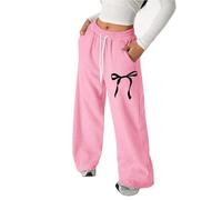 Pantalon Jogging Filles Baggy Imprimé Nœud Pantalon de Survêtement Taille Élastique avec Cordon de Serrage et Poches Jambe Droite Pantalons Confort Décontracté Couleur Unie Enfants Ado 4-13 Ans