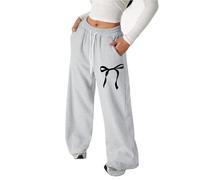 Pantalon Jogging Filles Baggy Imprimé Nœud Pantalon de Survêtement Taille Élastique avec Cordon de Serrage et Poches Jambe Droite Pantalons Confort Décontracté Couleur Unie Enfants Ado 4-13 Ans