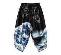 Pantalon kimono japonais vintage imprimé Harajuku décontracté pour femme et homme, vêtements asiatiques traditionnels, noir, taille XL