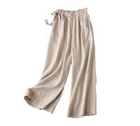 Pantalon Large à Cordon pour Femme Pantalon Court élastique en Coton et Lin à Taille Haute Pantalon Droit décontracté uni drapé (Abricot,XXL)