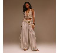 Pantalon large à taille basse rayé avec lien à l'ourlet, printemps été, vacances, plage, élégant, festival Ibiza, vacances, tajine, décontracté L,M,S,XL,XSRayé,PlantesTissu tissé