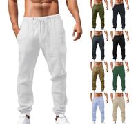 Pantalon large en lin pour homme - Pantalon léger en coton avec cordon de serrage à la taille élastique Pantalon respirant Coupe ample Confortable Pantalon de survêtement décontracté d'été avec poches