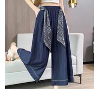 Pantalon large en soie glacée pour femme - Taille élastique - Pantalon droit avec écharpe imprimée - Taille décontractée - Pour le bureau et l'été - Jeans à huit points pour femme - Grande taille S