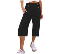 Pantalon Large Femme Fluide Ete Été Coton Lin 7/8 Blanc Chic Et Elegant Pantacourt Elastique À Jambes Larges Le Travail and Bureau Grande Taille D'été 3/4 Long Jupe Culotte Noir